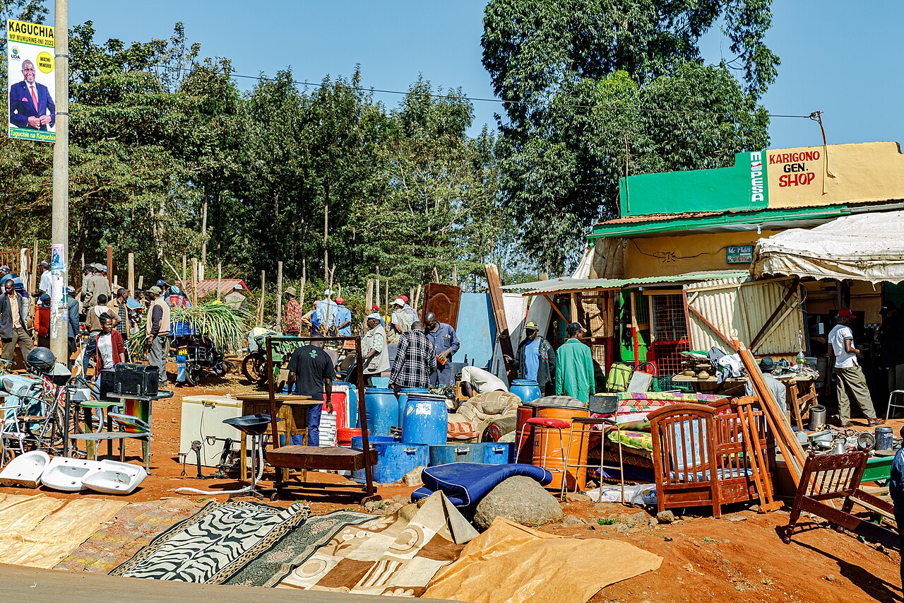 Open-air marketplace with produce traders near Nyeri town in central Kenya