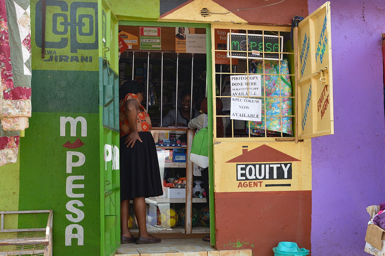 M-Pesa mobile money and Equity agent kiosk in Nairobi, Kenya, illustrating digital payment platforms affected by the 16% VAT proposal in the Finance Bill 2026